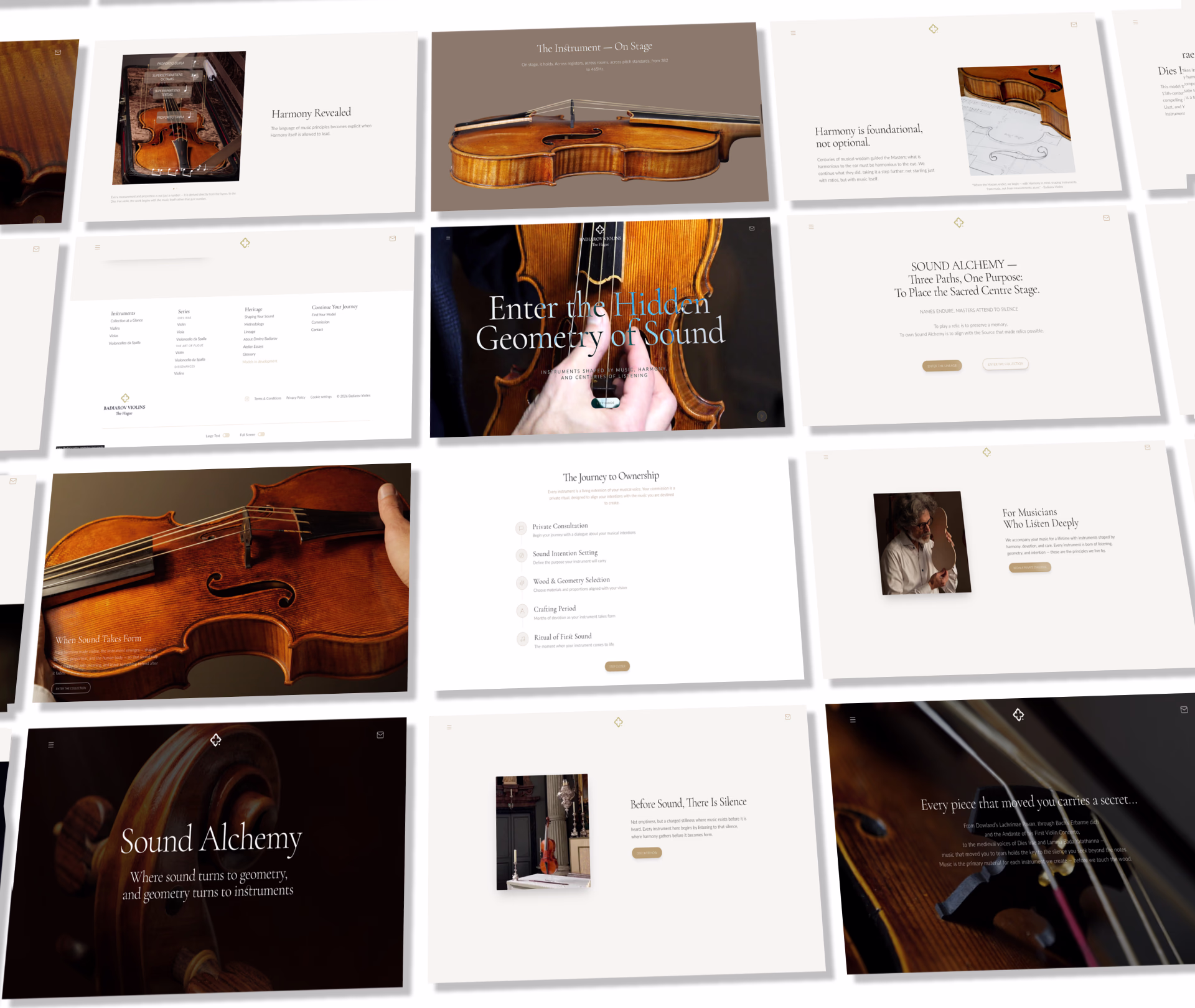 A composed wall of Badiarov Violins screens showing the new brand identity across the website