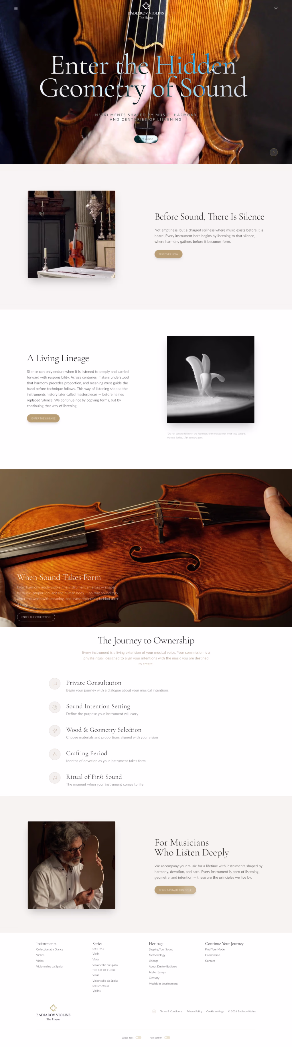 A full-page screenshot from the redesigned Badiarov Violins website