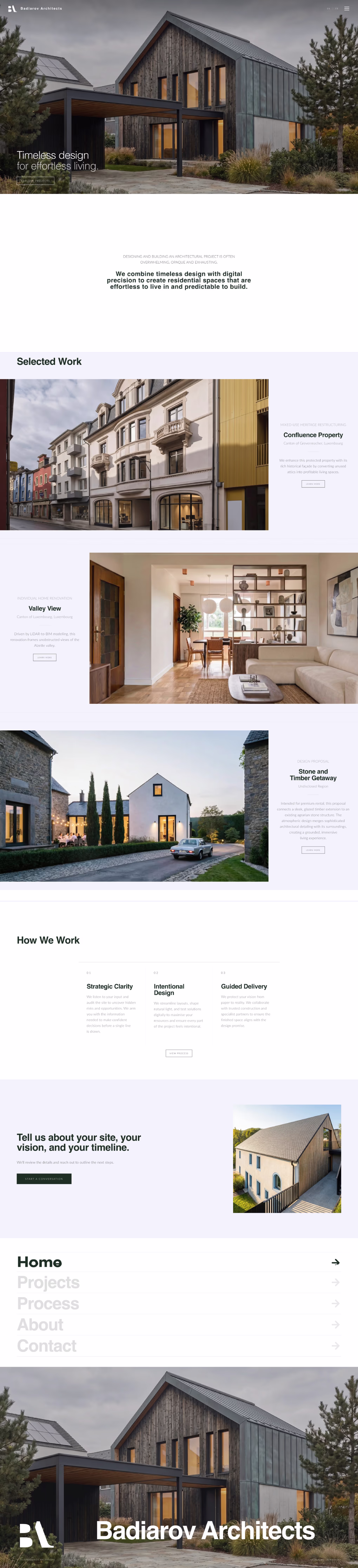 A full-page screenshot from the redesigned Badiarov Architects website