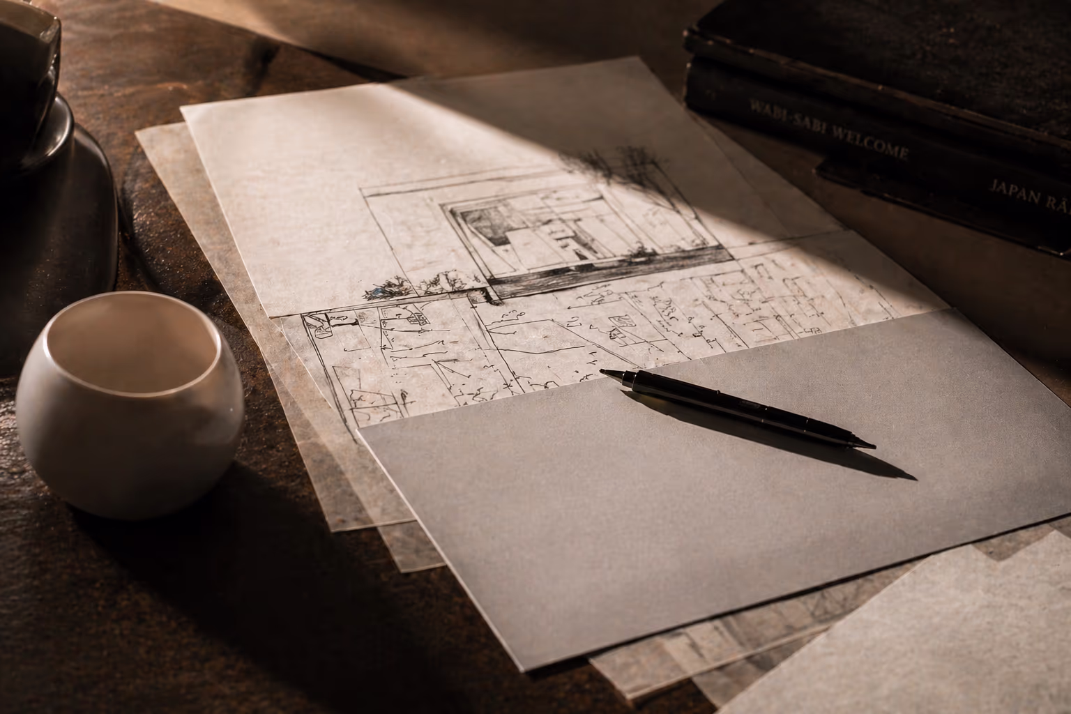 Editorial workspace with paper, pencil, and architectural sketches